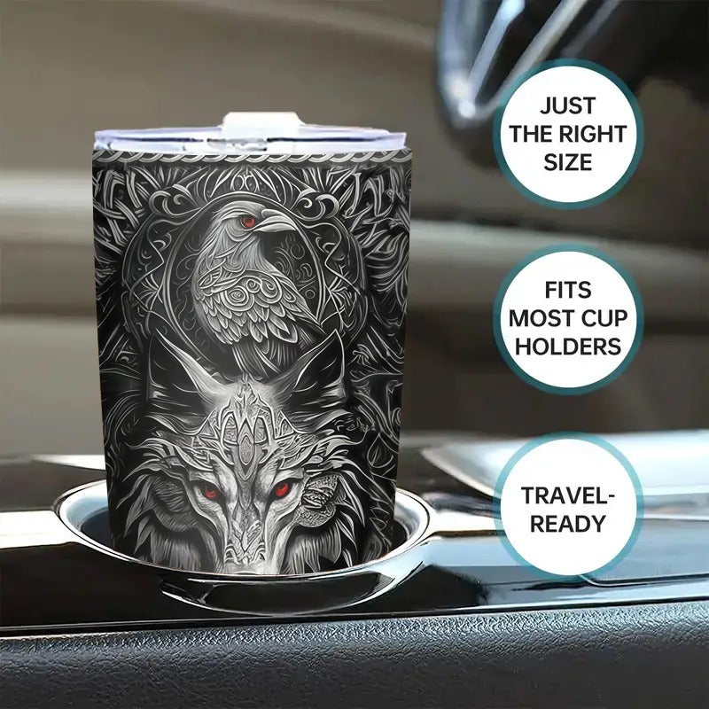 Viking Themed Insulated Tumbler 20oz - Stainless Steel Travel Mug with Wolf & Celtic Knot, Double-Wall Hot Cold Cup, Durable Gift for Him