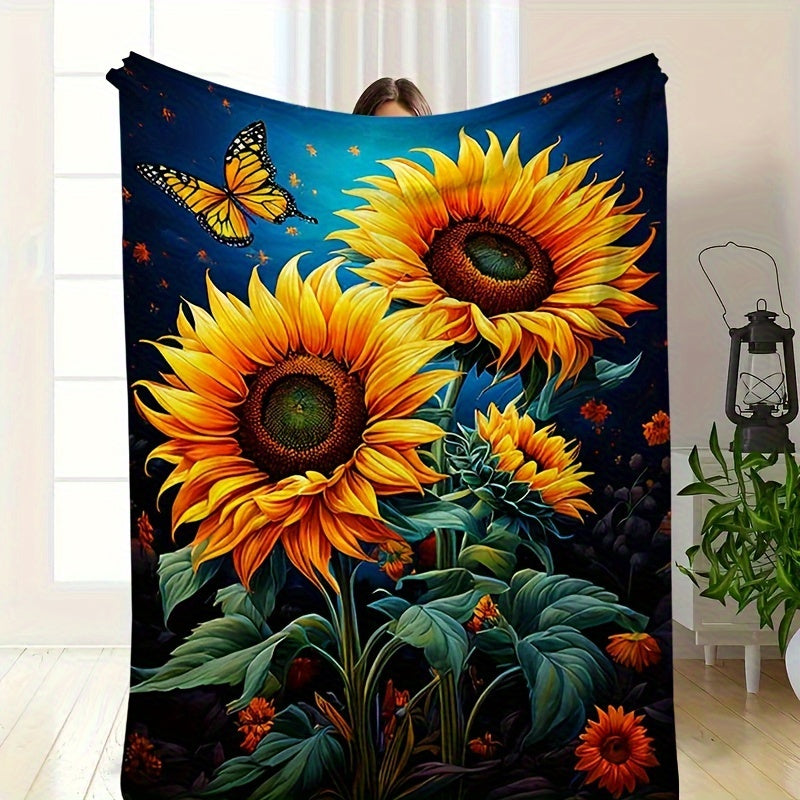 Sunflower & Butterfly Flannel Throw - Joyful Garden Print Blanket, Soft & Cozy Multi-Use Gift for Family, Friends, Home, Camping & Outdoor Adventures