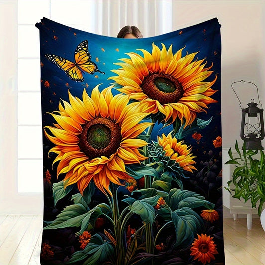 Sunflower & Butterfly Flannel Throw - Joyful Garden Print Blanket, Soft & Cozy Multi-Use Gift for Family, Friends, Home, Camping & Outdoor Adventures