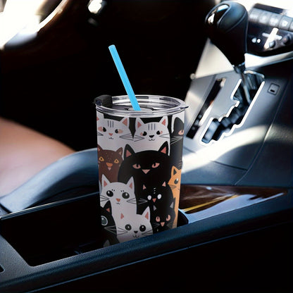 Stainless Steel Tumbler 20oz with Cat Print - Double-Walled Vacuum Insulated Travel Coffee Mug for Car Cup Holder, Leak-Proof Outdoor Cup