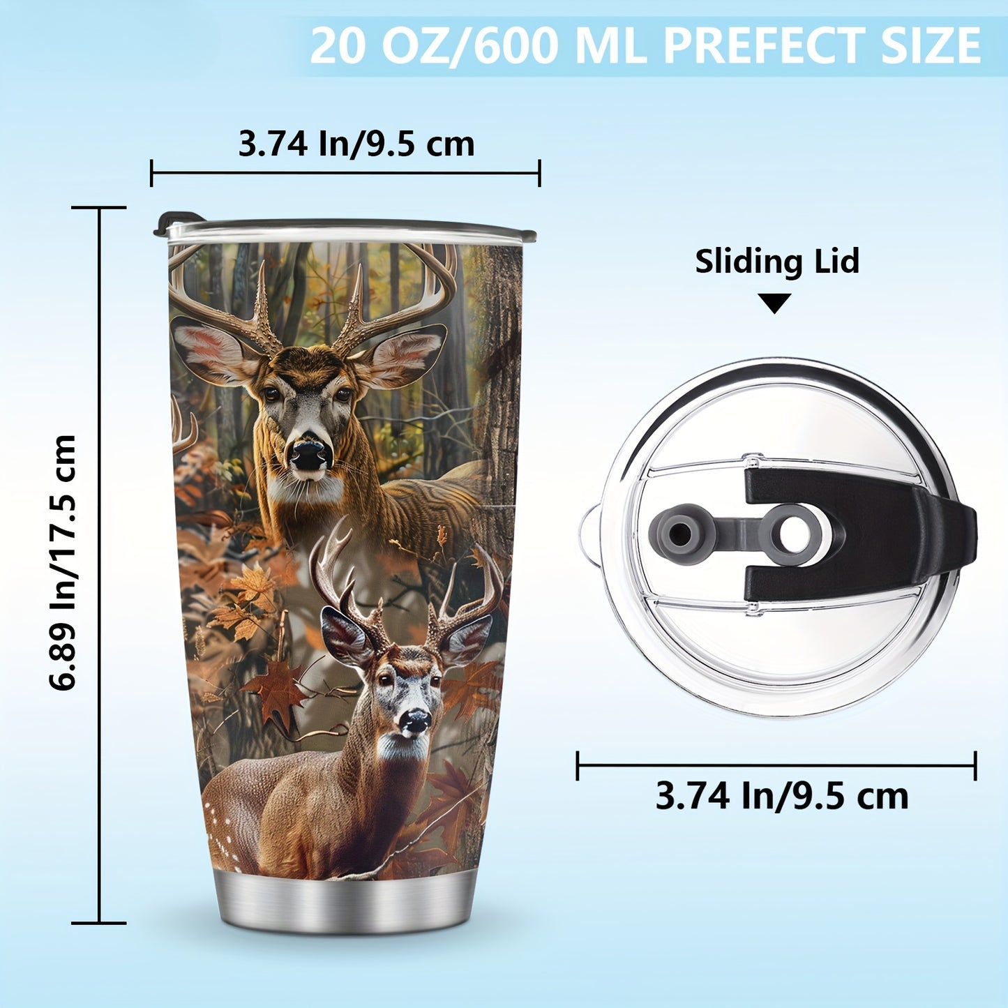 20oz Deer Hunting Tumbler Cup - Insulated Stainless Steel Travel Mug for Men | Gift for Dad, Husband, Papa on Christmas, Birthday, Valentines Day | Reusable Coffee Cup with Lid
