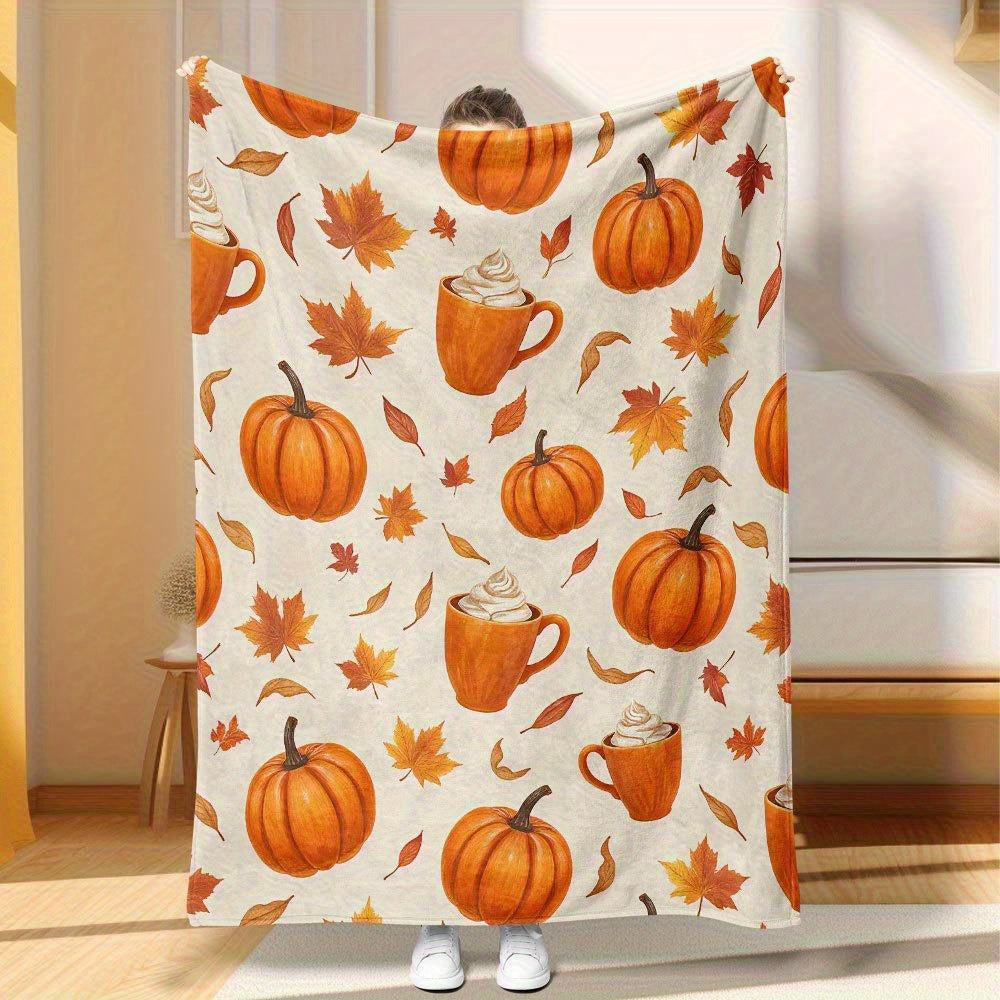 Pumpkin Spice Flannel Blanket - Warm Neutral Throw in Beige, Brown & Orange, Machine Washable Sofa Bed Cover & Holiday Gift
