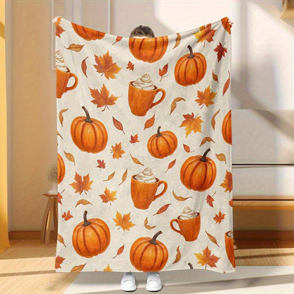 Pumpkin Spice Flannel Blanket - Warm Neutral Throw in Beige, Brown & Orange, Machine Washable Sofa Bed Cover & Holiday Gift