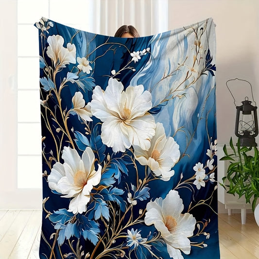 Navy Blue & White Magnolia Flannel Blanket - Classic Botanical Print Throw, Soft Polyester All-Season for Sofa, Office, Cozy Elegant Home Decor Gift