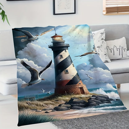 Lighthouse & Seagull Print Throw Blanket - Coastal Themed Soft Blanket for Couch, Beach, Picnic, Multi-Scene Home & Outdoor Gift for Holiday & Birthday