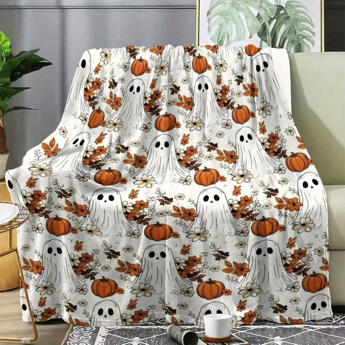 Haunted Garden Flannel Throw Blanket - Elegant Spooky Ghost & Pumpkin Print, Year-Round Soft Warmth, Premium Halloween Decor & Gift