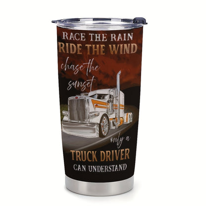 "King of the Road" Truck Driver Mug - 20oz Insulated Sunset & Highway Graphic Tumbler | Cool Gift for Long Haul Drivers, Stainless Steel Travel Cup
