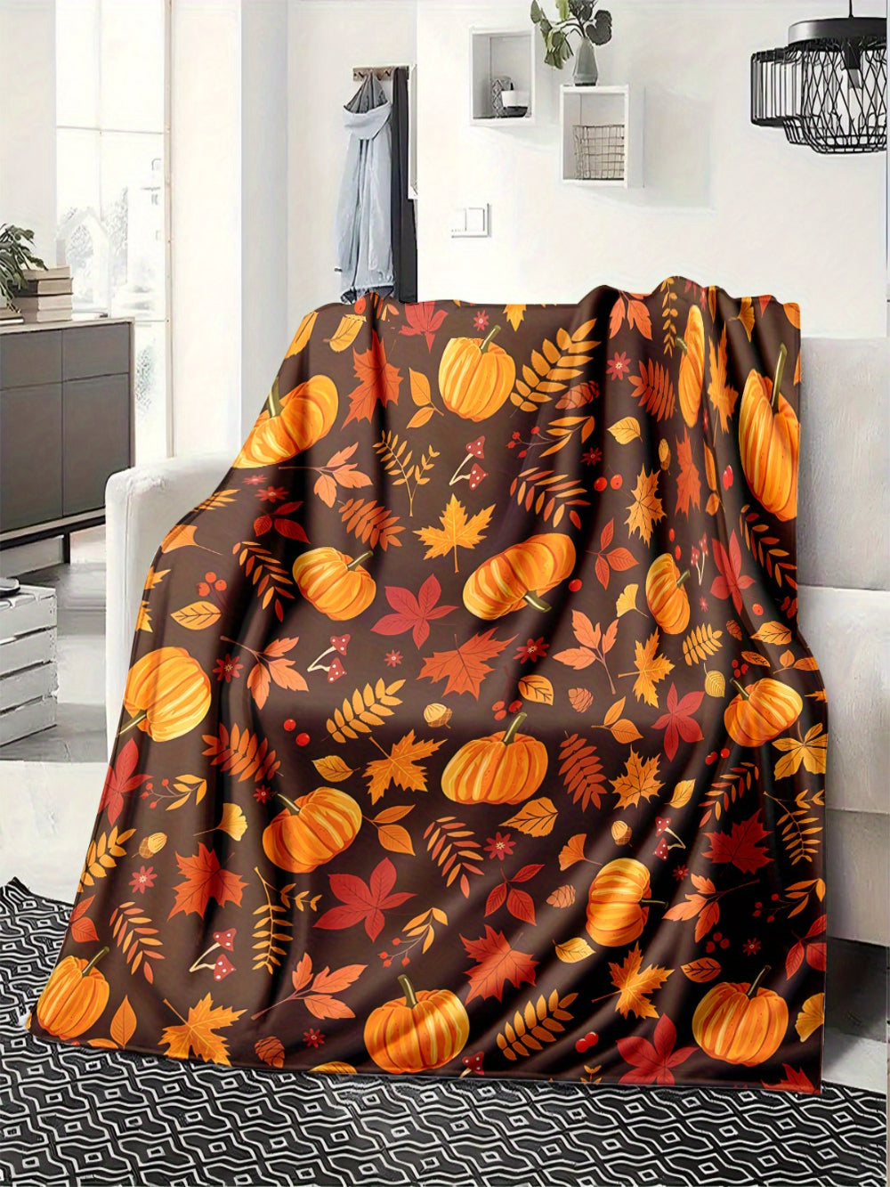 Cozy Autumn Pumpkin Leaf Blanket - Ultimate Soft & Warm Throw for All Seasons, Perfect Fall Gift for Bed, Sofa, Camping & Travel