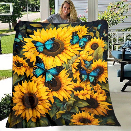 Sunflower & Blue Butterfly Flannel Throw - Vibrant Lightweight Blanket | Uplifting Nature Design for Multi-Scene Use at Home, Outdoors, or as a Gift
