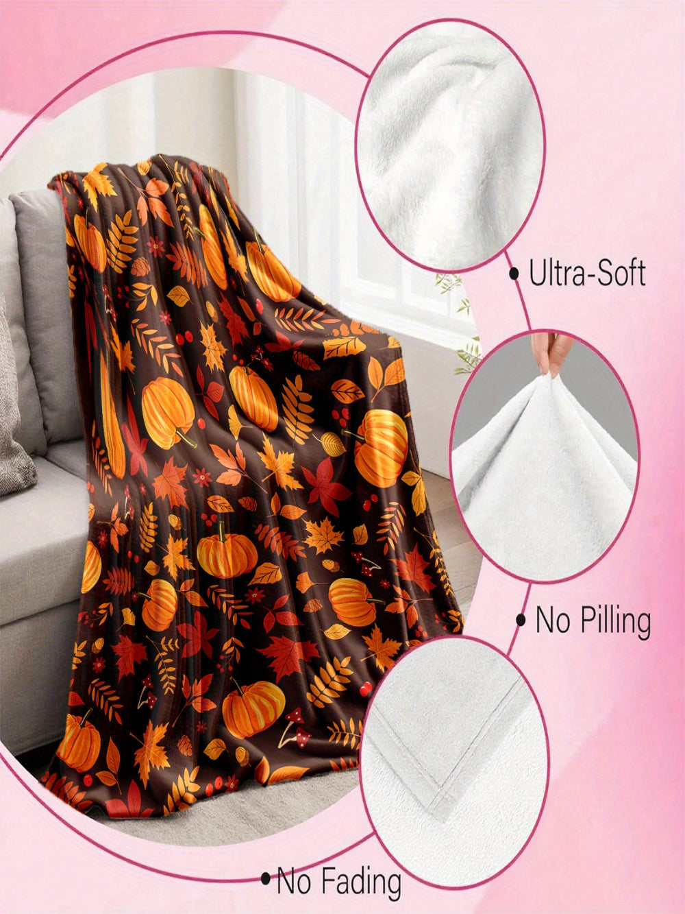 Cozy Autumn Pumpkin Leaf Blanket - Ultimate Soft & Warm Throw for All Seasons, Perfect Fall Gift for Bed, Sofa, Camping & Travel