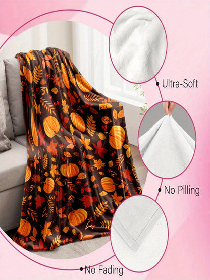 Cozy Autumn Pumpkin Leaf Blanket - Ultimate Soft & Warm Throw for All Seasons, Perfect Fall Gift for Bed, Sofa, Camping & Travel
