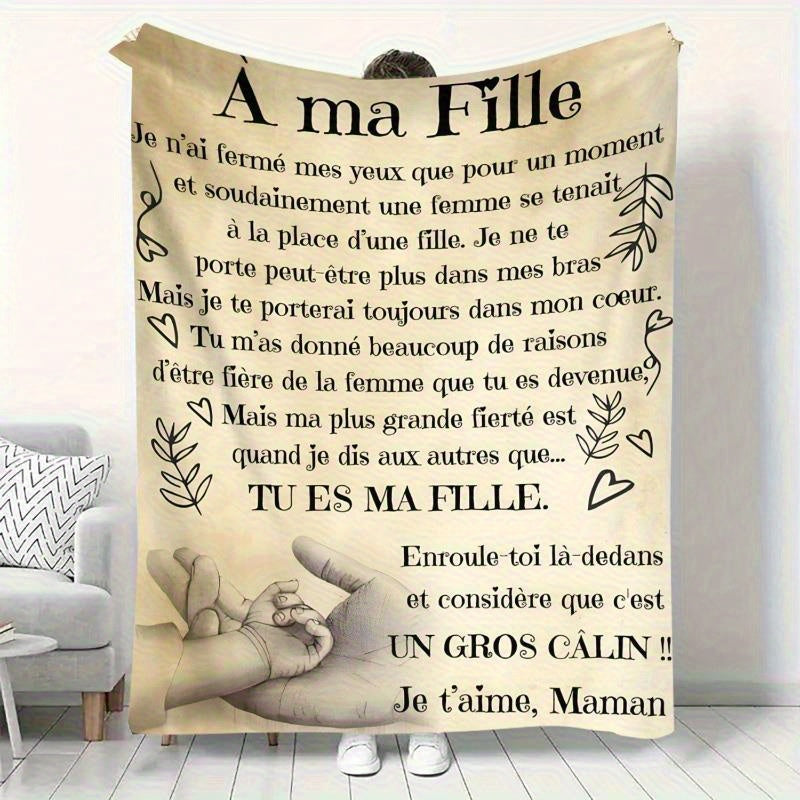 Ama Fille French Love Quote Flannel Throw Blanket - Heart Design in Light Brown, Soft Polyester All-Season Blanket - A Treasured Gift for Daughters, Romantic & Modern Sofa Décor, Machine Washable