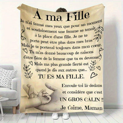 Ama Fille French Love Quote Flannel Throw Blanket - Heart Design in Light Brown, Soft Polyester All-Season Blanket - A Treasured Gift for Daughters, Romantic & Modern Sofa Décor, Machine Washable
