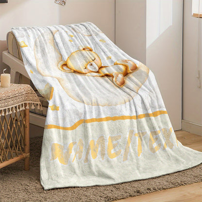 Personalized Cartoon Bear Flannel Blanket - Custom Name Print, Warm Lightweight Throw, Durable All-Season Comfort for Sofa, Bed, Travel & Camping