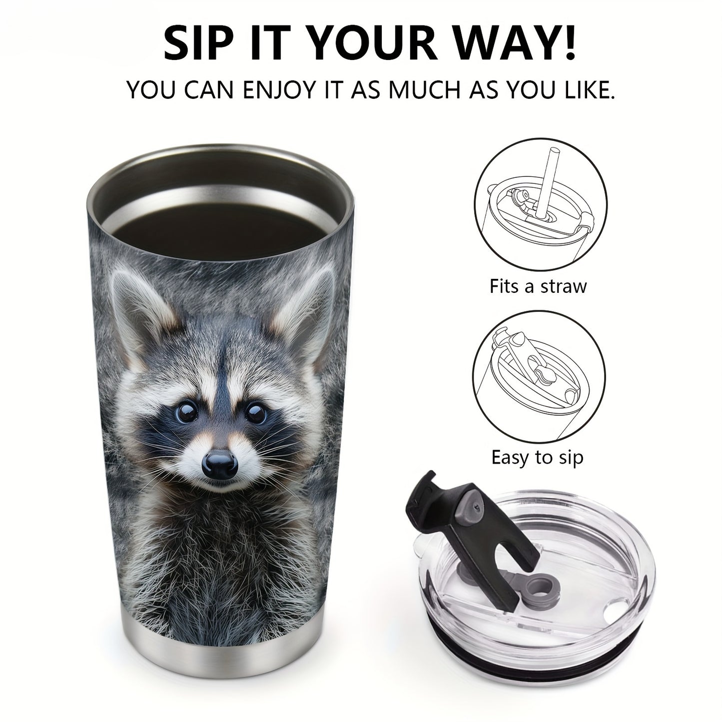 Raccoon Tumbler Gift - 20oz Vacuum Insulated Stainless Steel Cup with Cute Realistic Raccoon Design, Leak-Proof Travel Mug for Coffee & Water, Perfect for Christmas, Valentine's Day