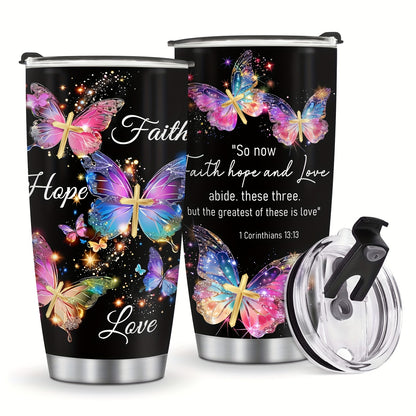 Faith Hope Love Tumbler 20oz - Christian Insulated Mug with Butterfly Galaxy & Cross Design, Bible Verse Gift for Women, Christmas Thanksgiving Mother's Day Present