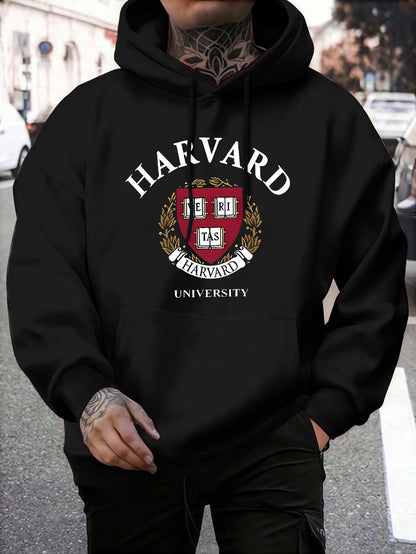 Men's Elevated Streetwear Trend Hoodie | Neutral Tone Hip Hop Style, Creative Print Casual Hooded Sweatshirt Top