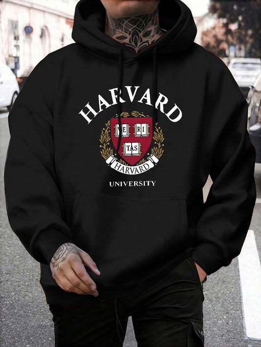 Men's Elevated Streetwear Trend Hoodie | Neutral Tone Hip Hop Style, Creative Print Casual Hooded Sweatshirt Top