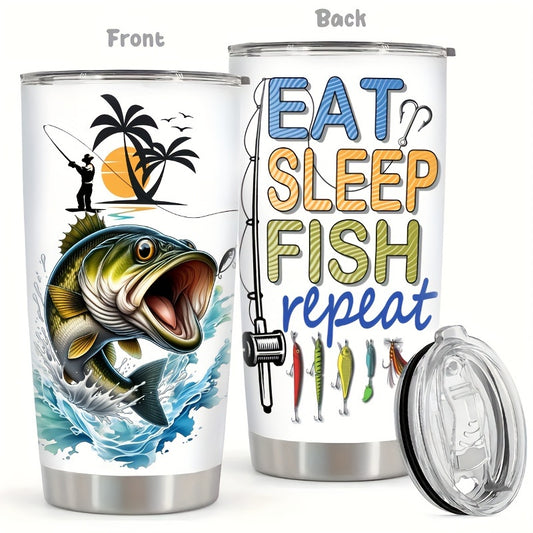 Eat Sleep Fish Repeat 20oz Travel Mug - Insulated Stainless Steel Tumbler with Clear Lid, Double Wall Vacuum for Hot & Cold Drinks - Perfect Fishing Gift for Anglers, Men, Dad - Coffee Tea Outdoor Cup