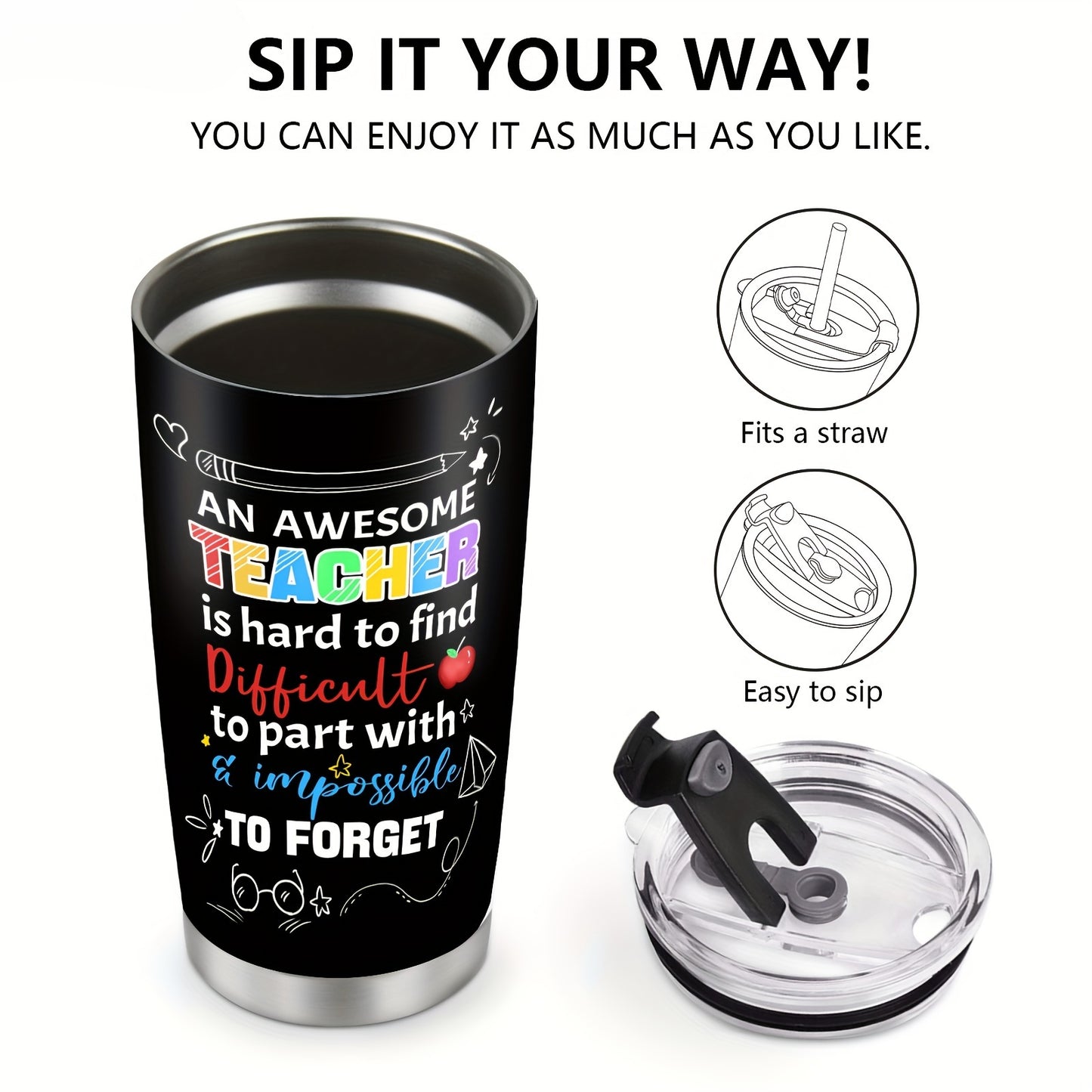 20oz Teacher Tumbler - "Teacher Nutrition Facts" Stainless Steel Insulated Coffee Mug | Appreciation, Christmas & Birthday Gift for Teachers from Students