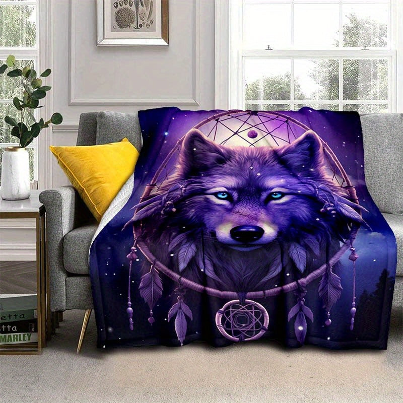Dream Catcher & Purple Wolf Flannel Throw - Mystical Guardian Blanket | Lightweight, Soft for Spiritual Comfort, Boho Decor, and Unique Gifting