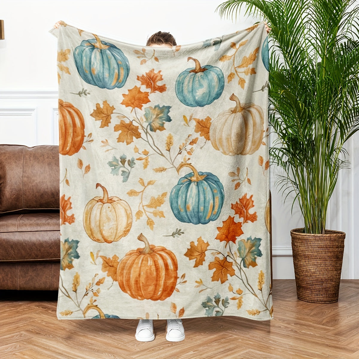 Cozy Pumpkin Flannel Throw Blanket - Ultra Soft, Warm & Lightweight, Machine Washable for Sofa or Bed