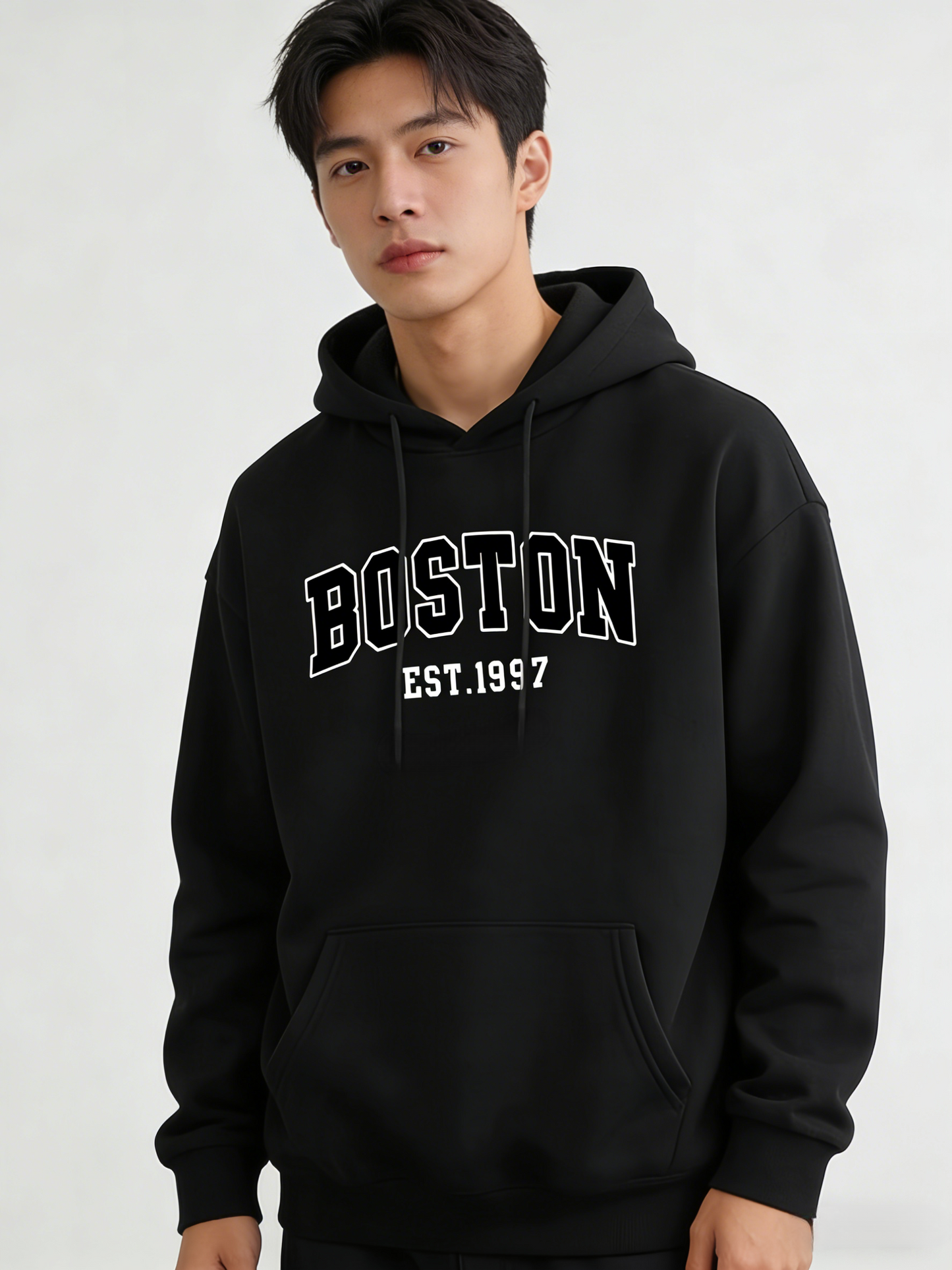 Men's Boston Letter Print Hoodie - Casual Long Sleeve Pullover | Regular Fit hooded Sweatshirt