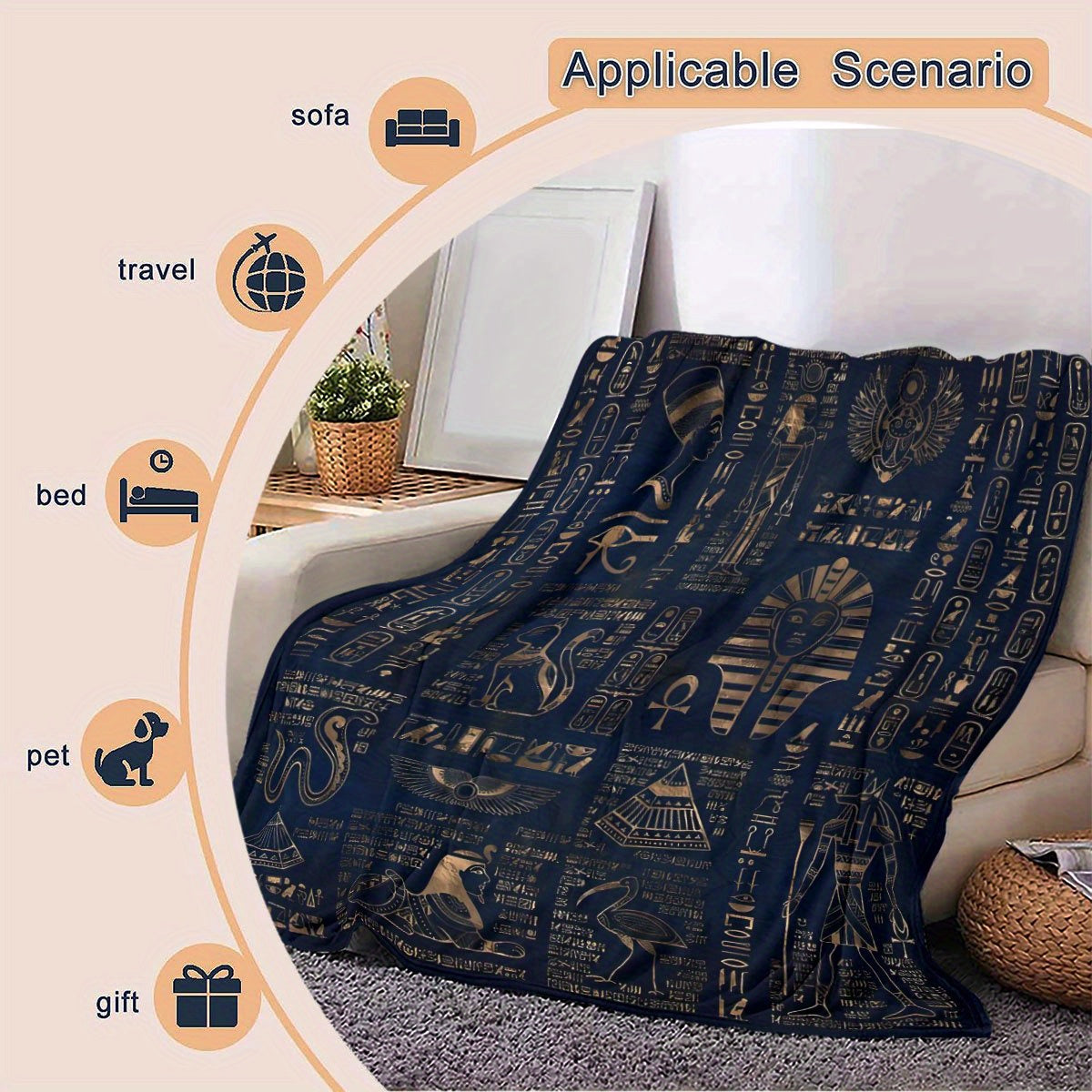 Egyptian Pharaoh Blanket - Hieroglyphics & Golden Pyramid Print on Deep Blue Flannel, Luxurious Sofa Throw Blankets Decor Gift