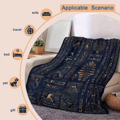 Egyptian Pharaoh Blanket - Hieroglyphics & Golden Pyramid Print on Deep Blue Flannel, Luxurious Sofa Throw Blankets Decor Gift