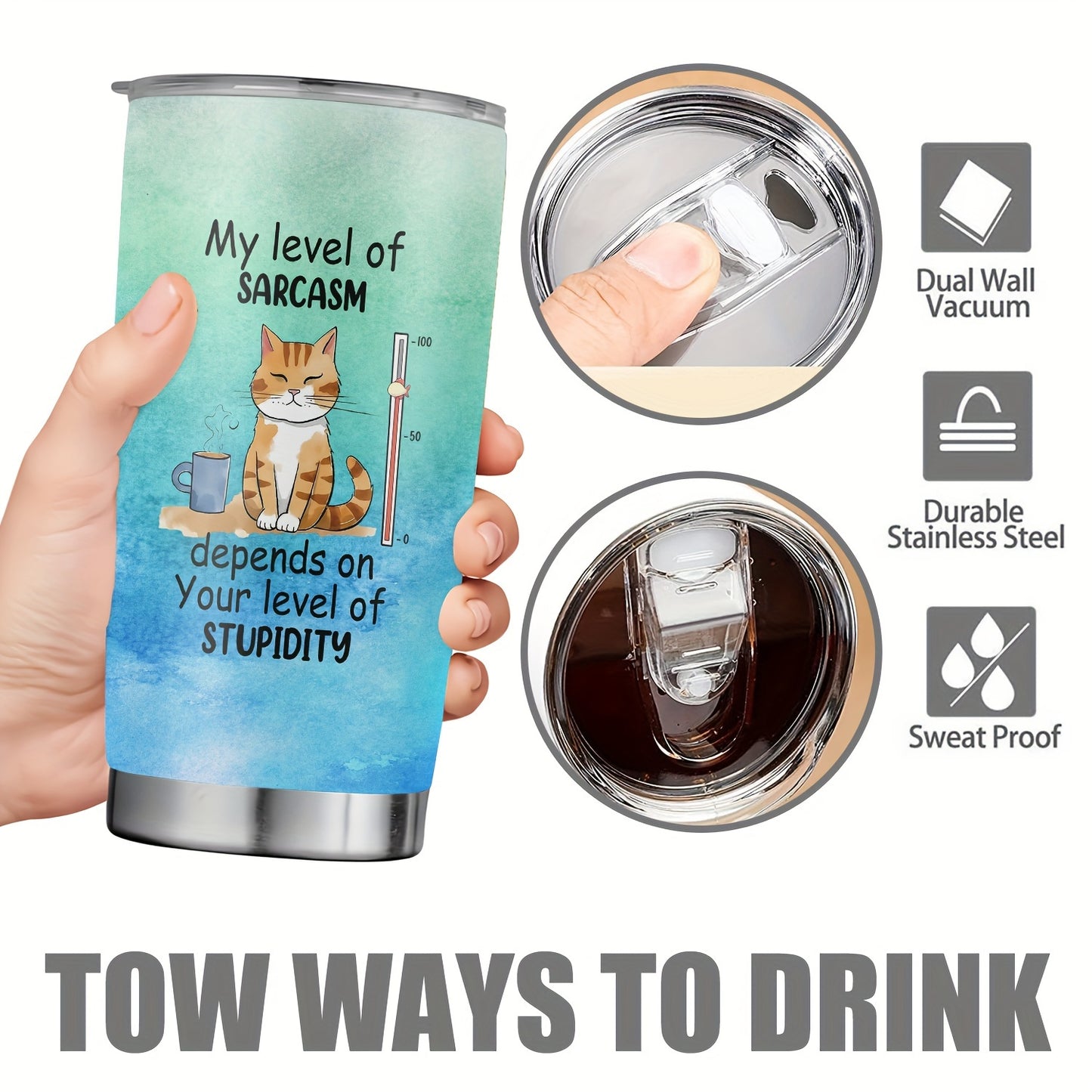 "My Level of Sarcasm Cat" Tumbler 20oz - Funny Sarcastic Cat Print Stainless Steel Mug, Vacuum Insulated & Durable, Humorous Gift for Cat Lovers