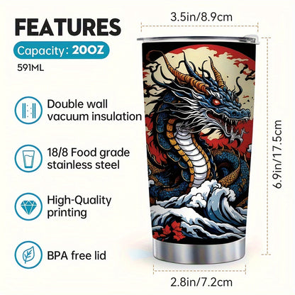 Dragon & Cherry Blossom Tumbler 20oz - Stainless Steel Insulated Travel Mug | Lunar New Year Gift, Storm Design, Leak-Proof & Dishwasher Safe