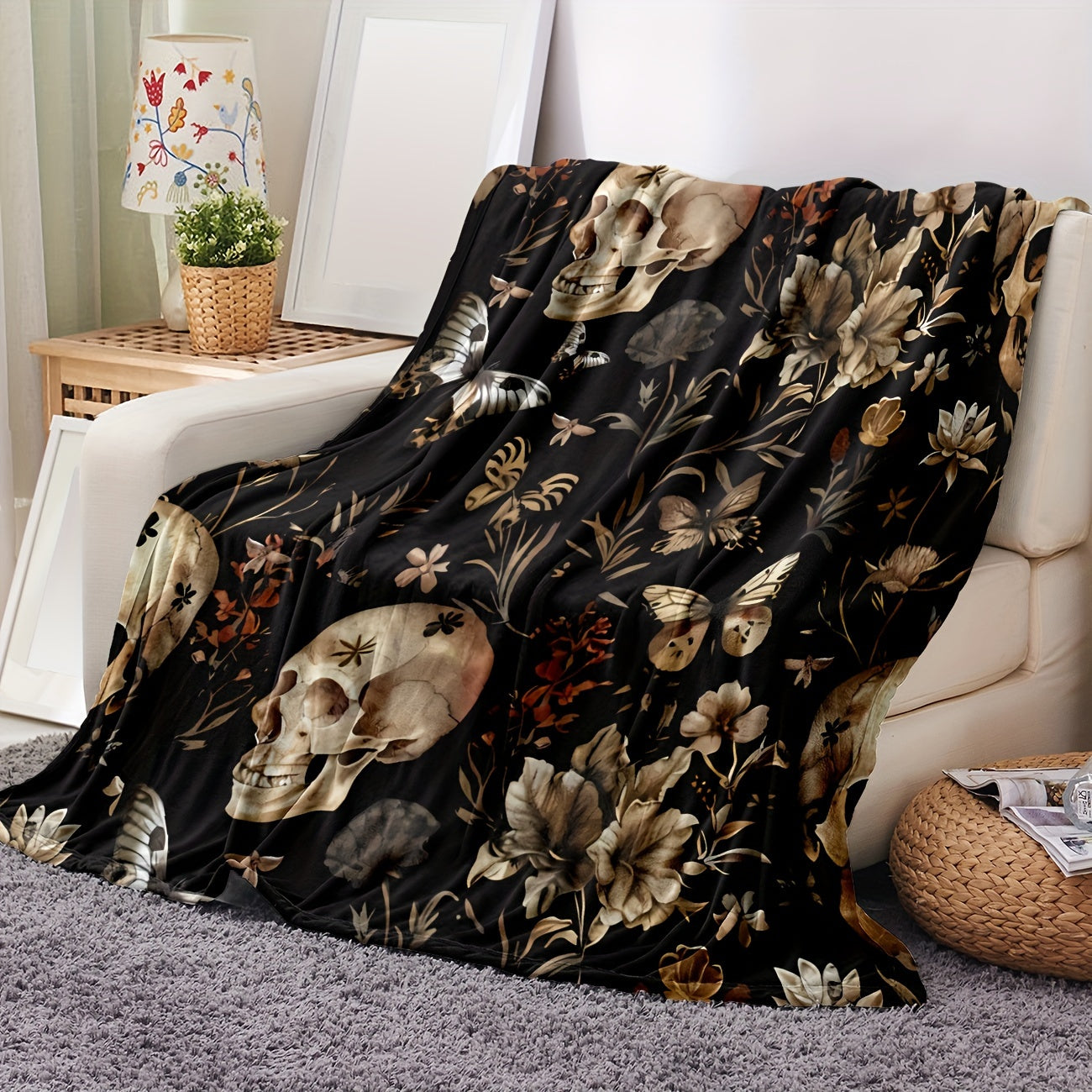 Skull & Floral Flannel Blanket - Gothic Style All-Season Throw | Darkly Romantic Design, Soft for Home, Concerts, and Unique Gift Giving