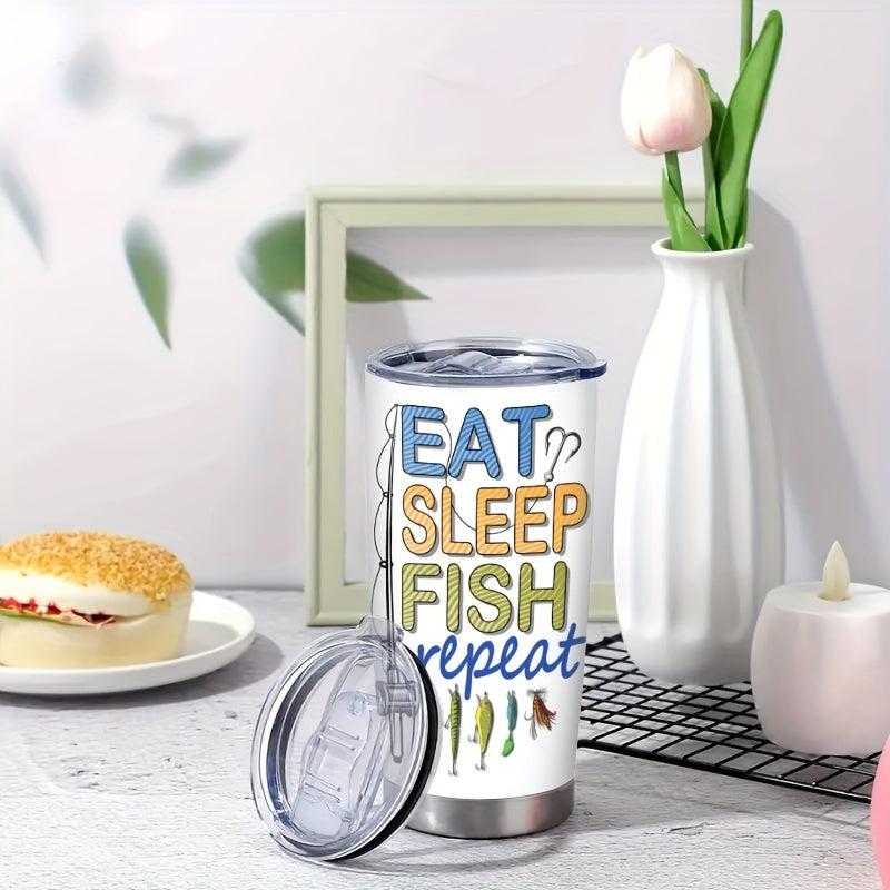 Eat Sleep Fish Repeat 20oz Travel Mug - Insulated Stainless Steel Tumbler with Clear Lid, Double Wall Vacuum for Hot & Cold Drinks - Perfect Fishing Gift for Anglers, Men, Dad - Coffee Tea Outdoor Cup