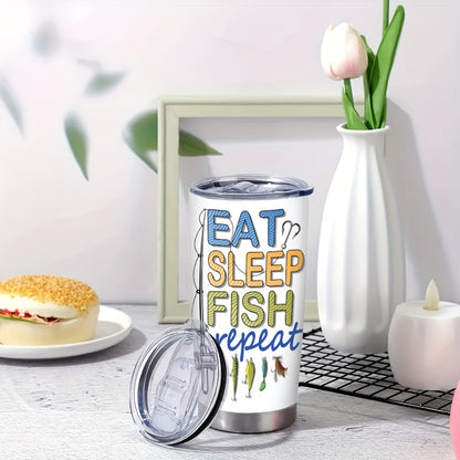 Eat Sleep Fish Repeat 20oz Travel Mug - Insulated Stainless Steel Tumbler with Clear Lid, Double Wall Vacuum for Hot & Cold Drinks - Perfect Fishing Gift for Anglers, Men, Dad - Coffee Tea Outdoor Cup