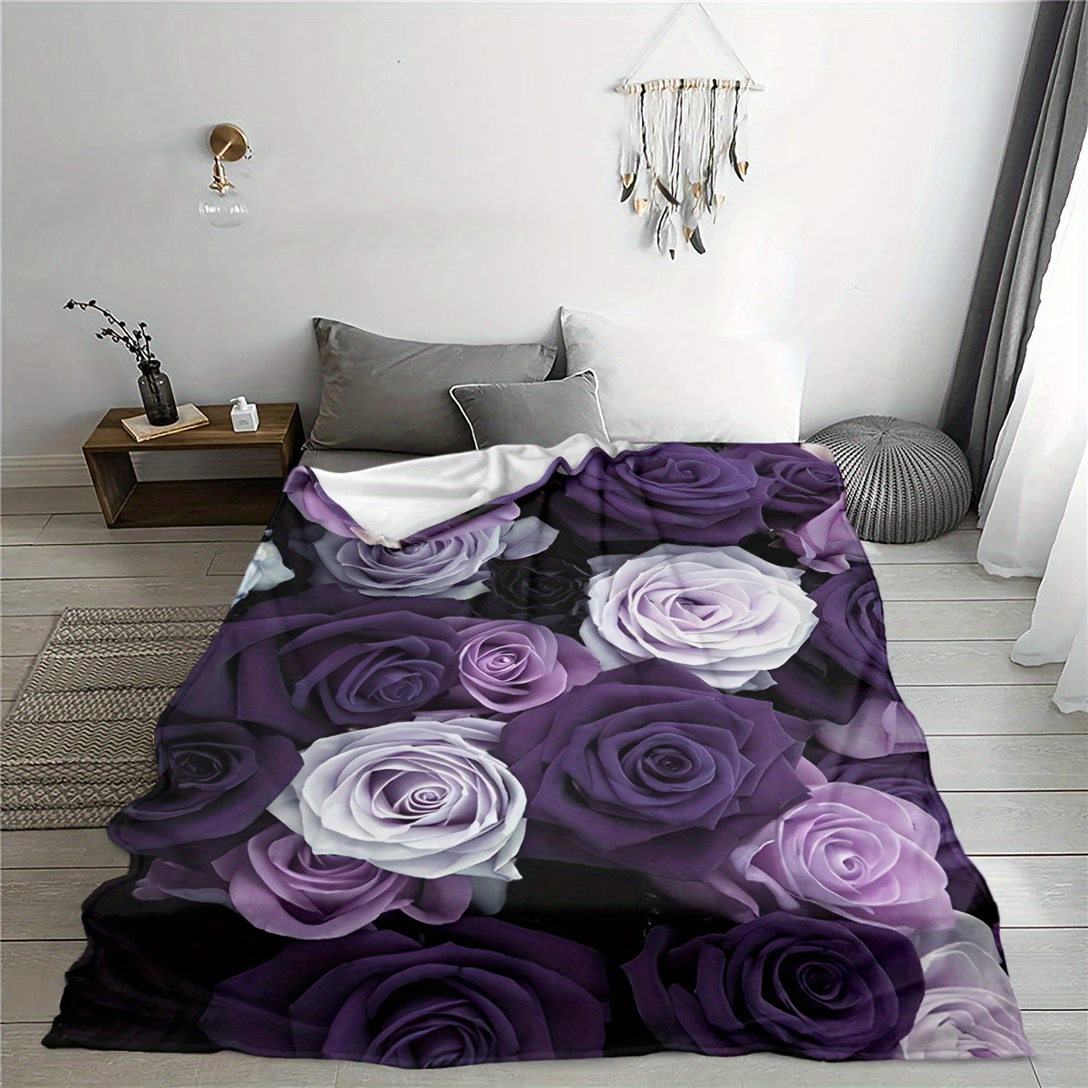 Modern Geometric Rose Print Blanket - Purple Soft & Warm, Multi-Use Throw for Sofa, Bed, Camping