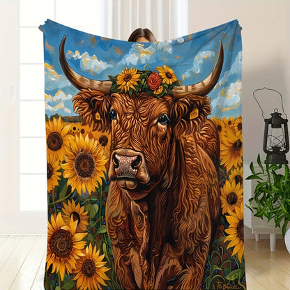 Sunflower & Cow Print Flannel Throw - Farmhouse Chic Blanket, Soft & Warm for Couch, Picnic, All Seasons, Cozy Home Decor and Outdoor Gift