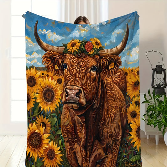 Sunflower & Cow Print Flannel Throw - Farmhouse Chic Blanket, Soft & Warm for Couch, Picnic, All Seasons, Cozy Home Decor and Outdoor Gift