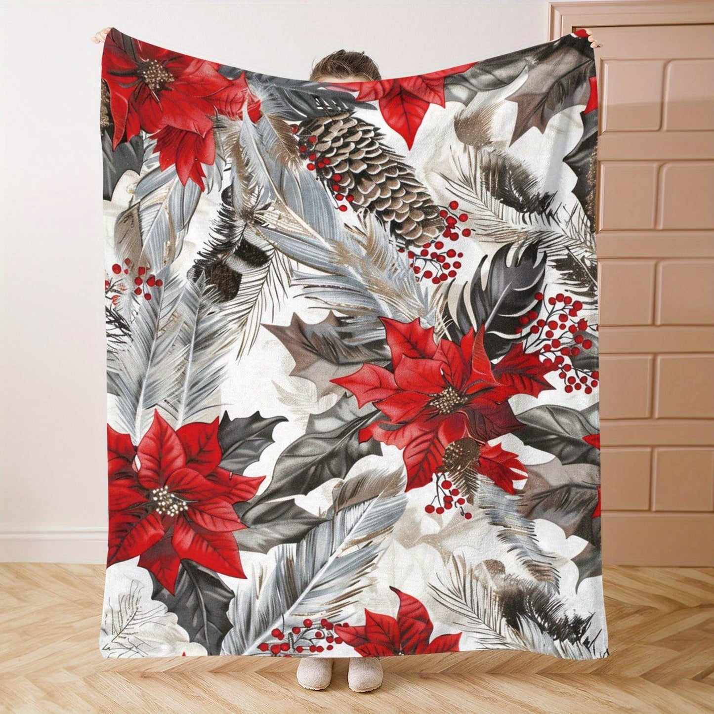 Classic Lodge Christmas Throw - Evergreen Tree & Pinecone Print in Heritage Red & Green, Plush Flannel for Cozy Holiday Gatherings