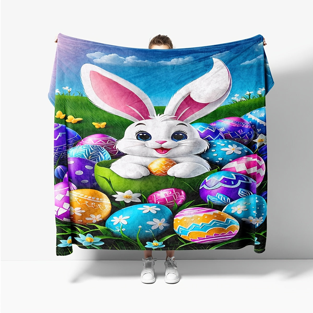 Modern Easter Bunny & Eggs Flannel Blanket - Contemporary Pastel Print, All-Season Lightweight for Sofa, Picnics, Travel & Spring Decor