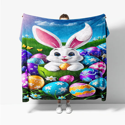 Modern Easter Bunny & Eggs Flannel Blanket - Contemporary Pastel Print, All-Season Lightweight for Sofa, Picnics, Travel & Spring Decor
