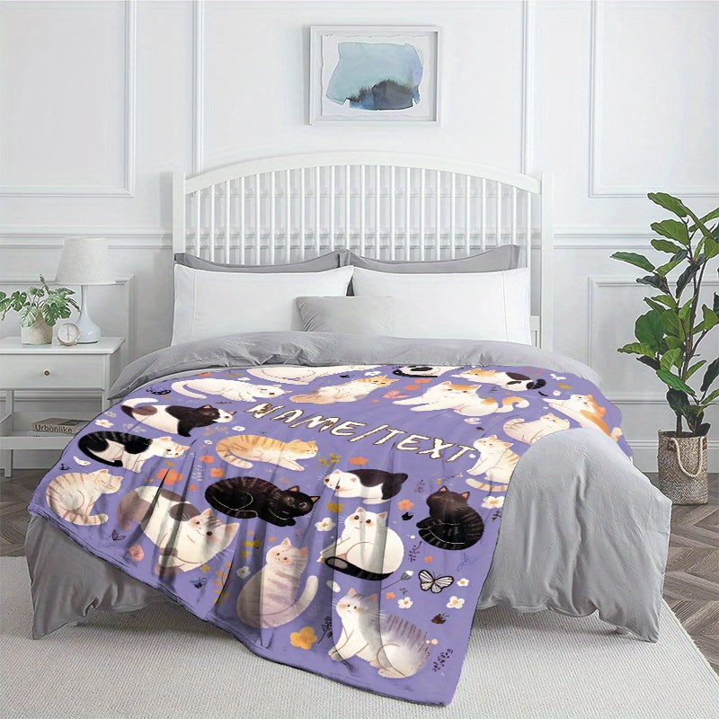 Personalized Purple Cartoon Cat Flannel Blanket Custom Name Throw