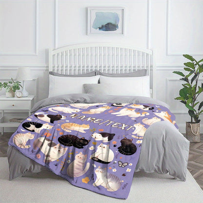 Personalized Purple Cartoon Cat Flannel Blanket Custom Name Throw