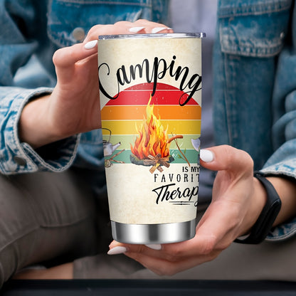 Camping Bonfire Print Tumbler 20oz - Wide Mouth Stainless Steel Insulated Cup, Leak-Proof Lid for Hot & Cold Drinks, Perfect for BBQs, Hiking, Outdoor Gifts