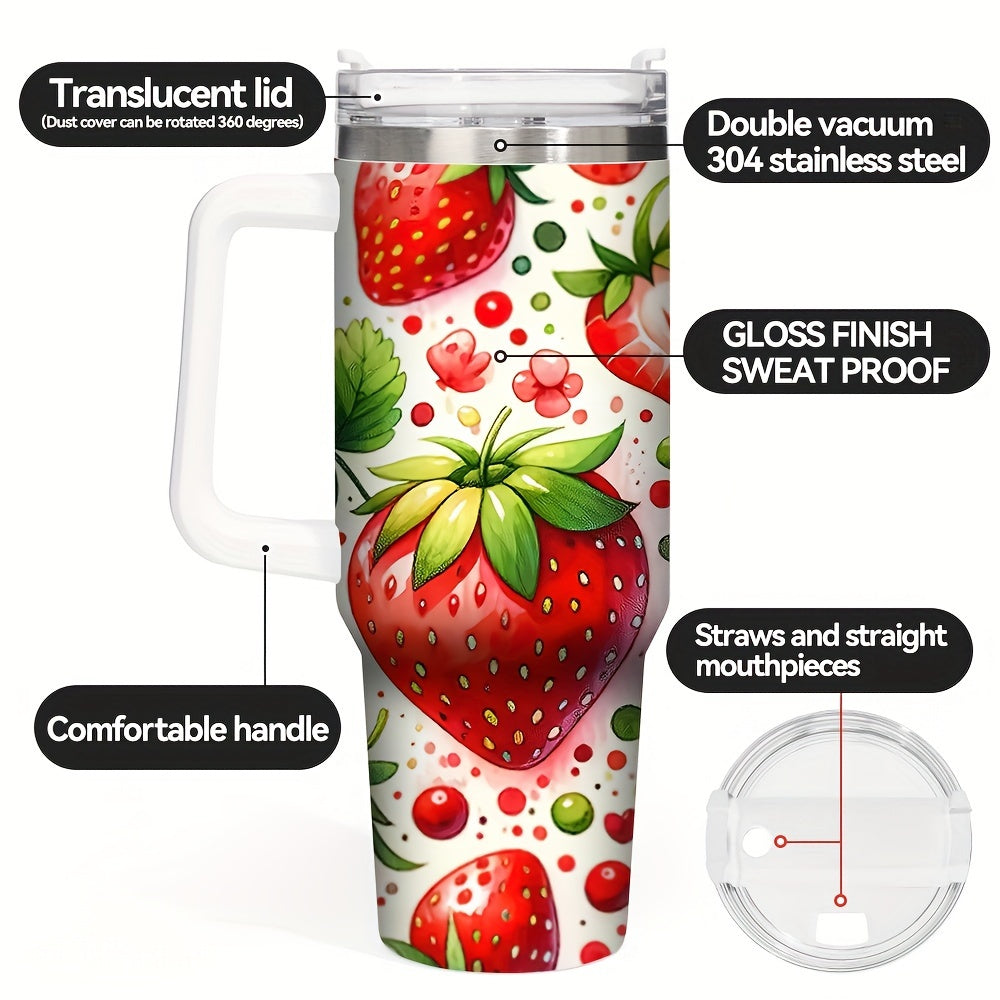 40oz Stainless Steel Tumbler with Handle - Christmas Strawberry Design, Insulated Reusable Cup for Hot/Cold Drinks, Holiday Gift