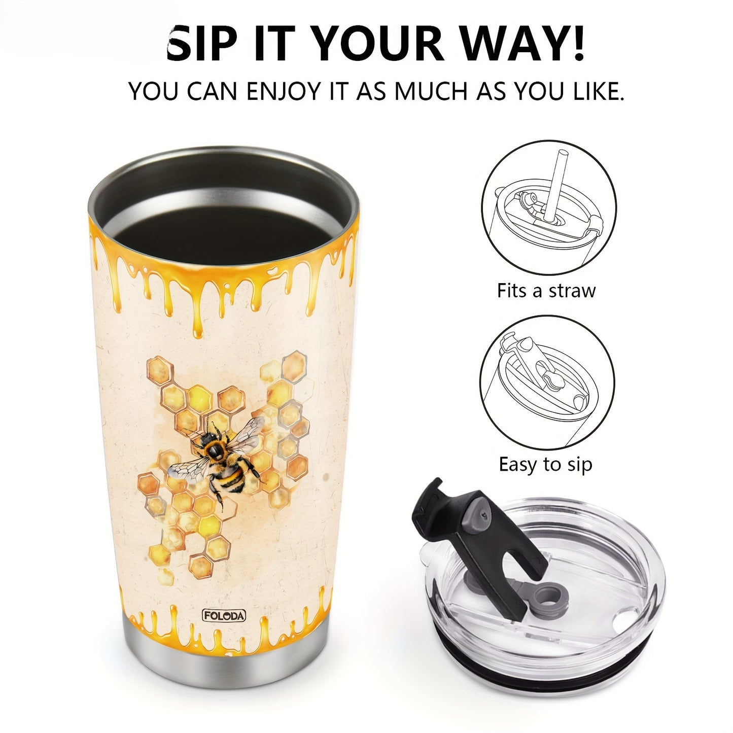 Bee Kind Tumbler 20oz - Inspirational 'Words Are Like Honey' Bee Lover Gift, Bible Verse Proverbs 16:24, Stainless Steel with Lid, Christian Gift for Women & Girls