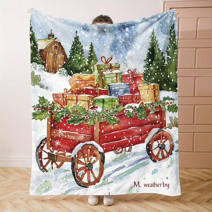 Vintage Christmas Card Throw - Storybook Carriage & Holly Print on Crimson Flannel, Heirloom Softness for Cozy Holiday Magic