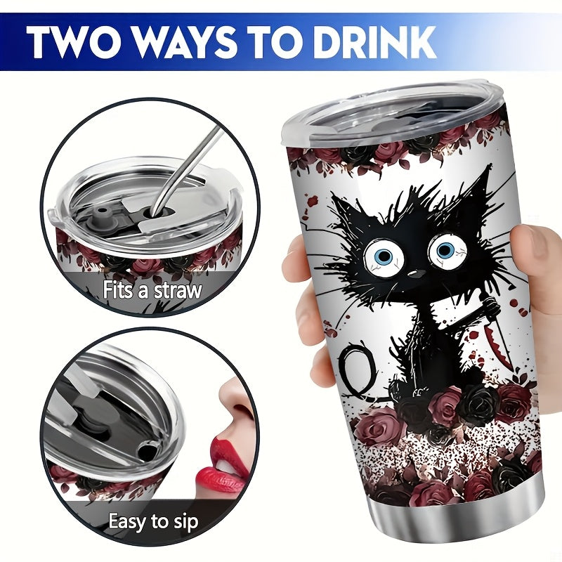 “I Will Put You in the Trunk” Tumbler – 20oz Double-Wall Vacuum Insulated Mug with Black Cat & Rose, Gothic Humor Gift