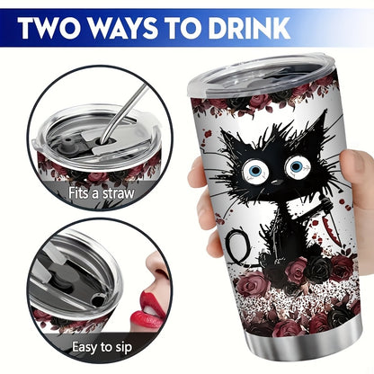 “I Will Put You in the Trunk” Tumbler – 20oz Double-Wall Vacuum Insulated Mug with Black Cat & Rose, Gothic Humor Gift
