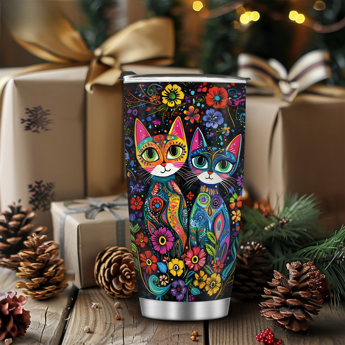 Vintage Cat & Flowers Tumbler - 20oz Retro Insulated Stainless Steel Travel Mug, Leakproof, Reusable Coffee Cup, Perfect Gift for Cat Lovers, Moms, Dads