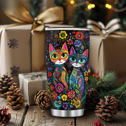 Vintage Cat & Flowers Tumbler - 20oz Retro Insulated Stainless Steel Travel Mug, Leakproof, Reusable Coffee Cup, Perfect Gift for Cat Lovers, Moms, Dads